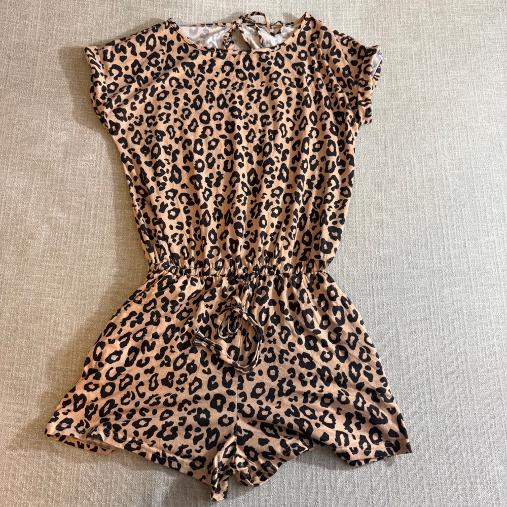 Leopard Print Romper Women Medium Brown Tan Animal‎ Print Short Sleeve Jumpsuit